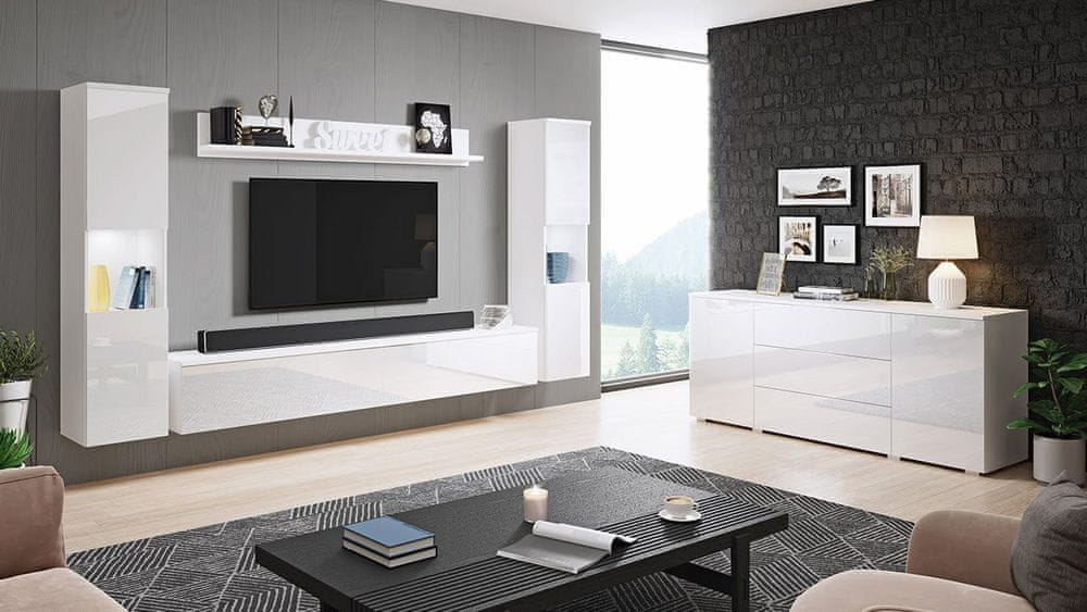 Veneti Nábytok do obývacej izby s LED osvetlením ROSARIO XL - lesklý biely / biely